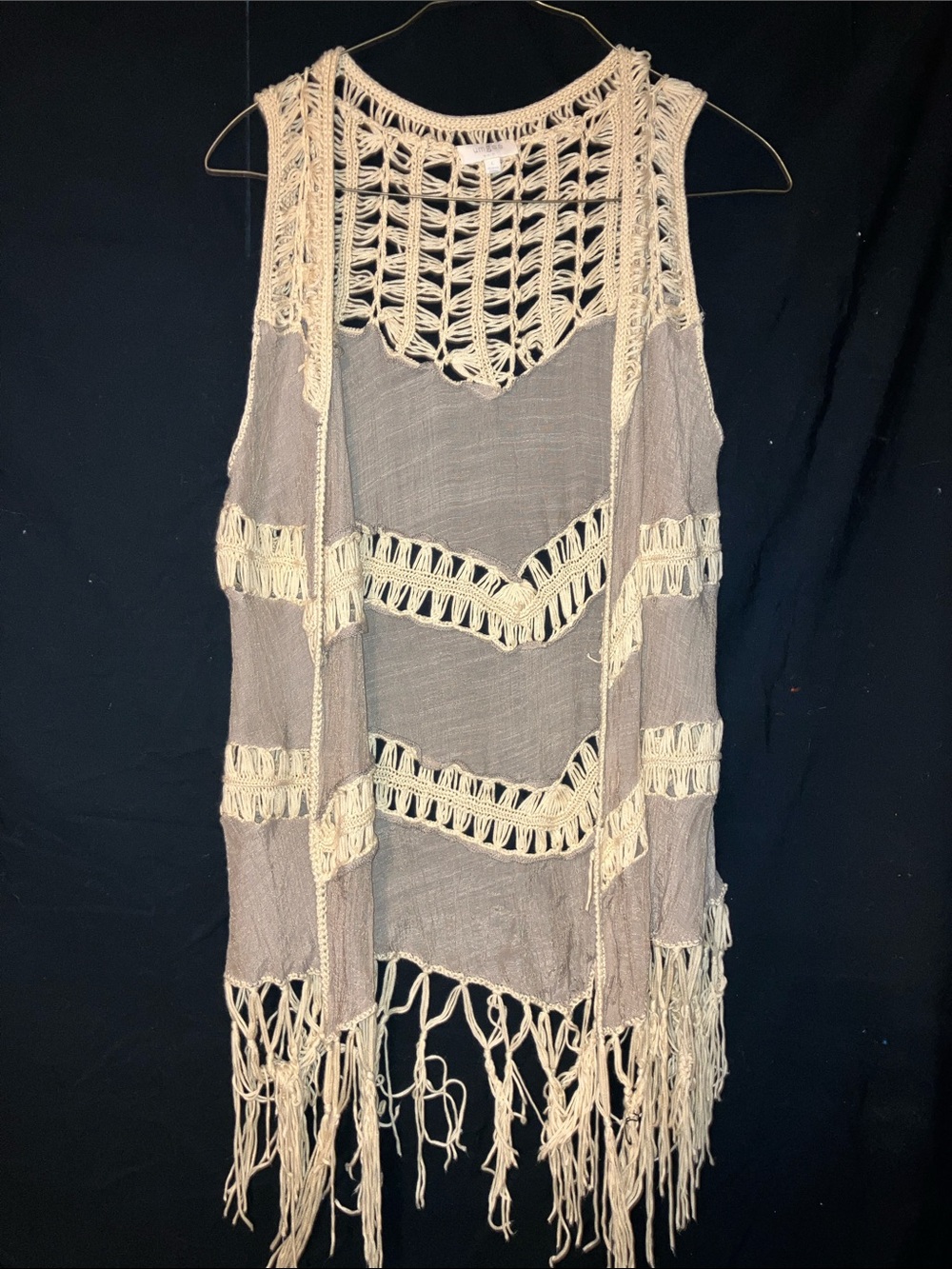 Umgee Taupe and Cream Crochet Fringe Vest